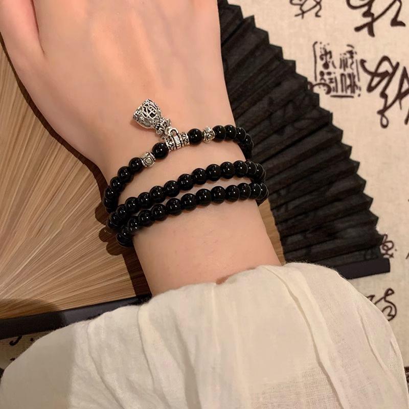 Retro Black Beaded Bracelet & Necklace Set - Light Luxury Chinese Style for Women