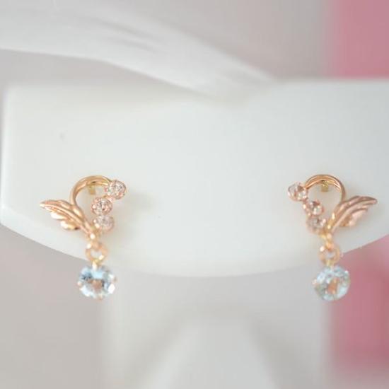 Kotobuki Jewelry March Birthstone Aquamarine Angel of Happiness Earrings In 14K Gold Set with Polishing (Gift Cloth)