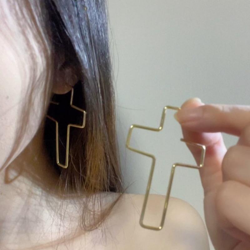 2026 New Punk Metal Hollow Cross Pendant Earrings Casual and Simple Earring Niche Design Exaggerated Earrings
