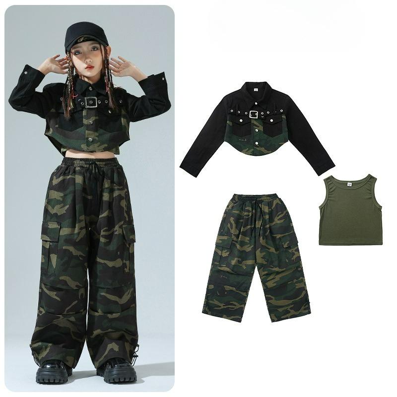 

Детские камуфляжные костюмы для джазового танца, осенние детские оригинальные подиумные трендовые наряды, костюмы в стиле хип-хоп и джаз для девочек 110