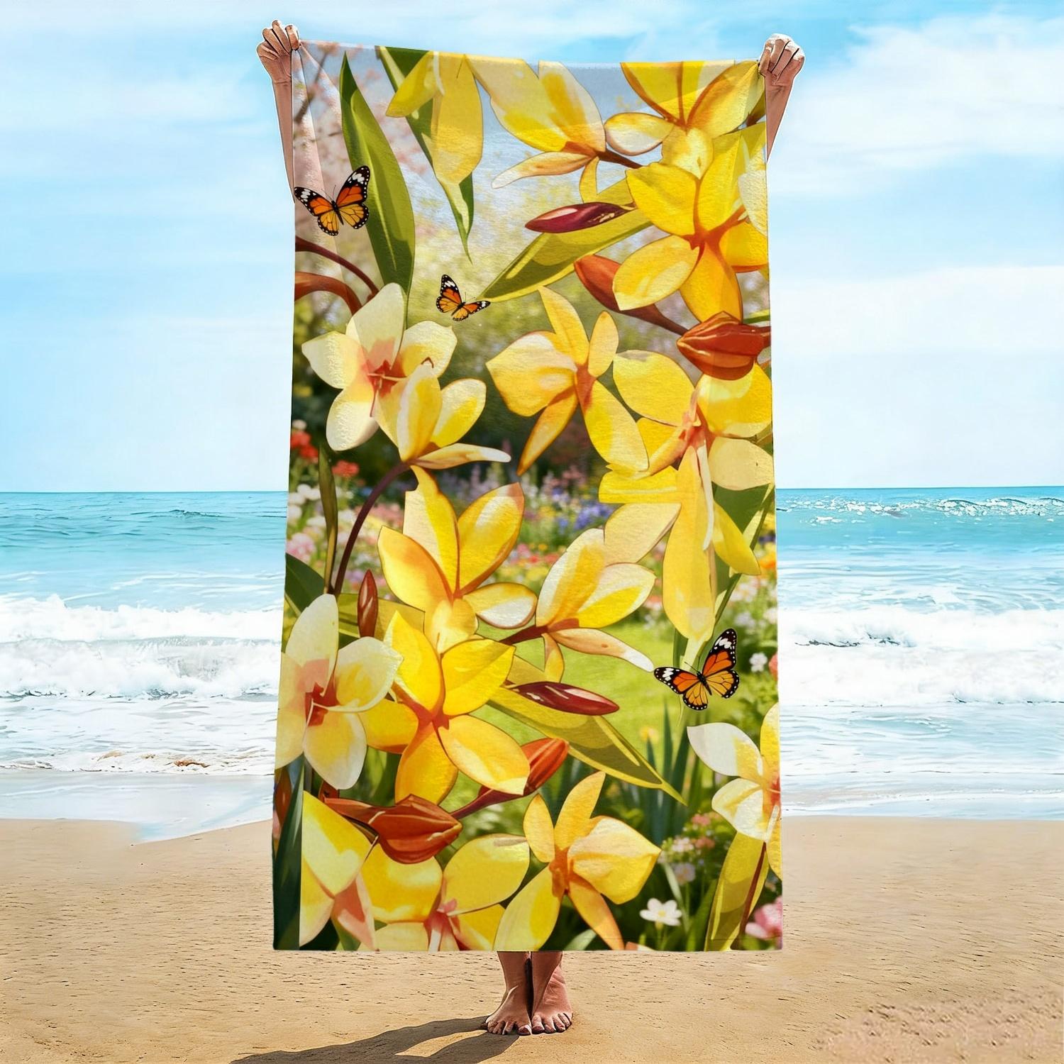 

Fresh Summer Beach Towel, Bright Yellow Plumeria with Butterflies Print Bath Towel, Lush Tropical Beach Blanket 1pcs W40*H60(CM)