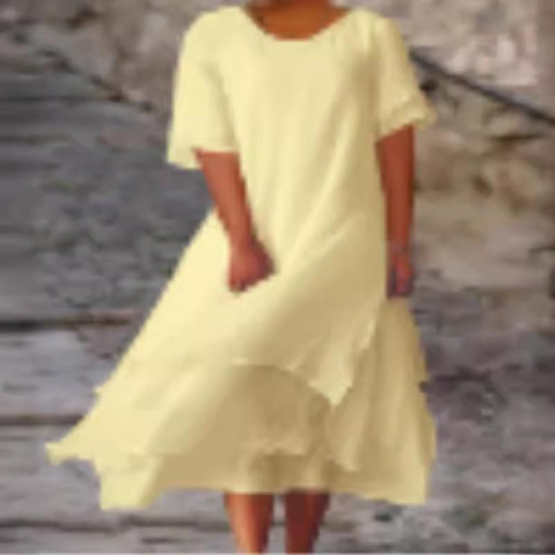 Summer Cotton and Linen Double-layer Color Blocked Slit Short Sleeved Round Neck Dress