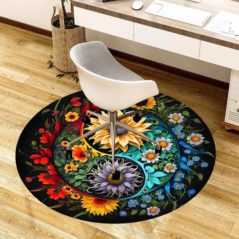 1pc Floral Yin Yang Mandala Round carpet, Made of Polyester,Perfect for Decorating Office Chairs, Living Rooms