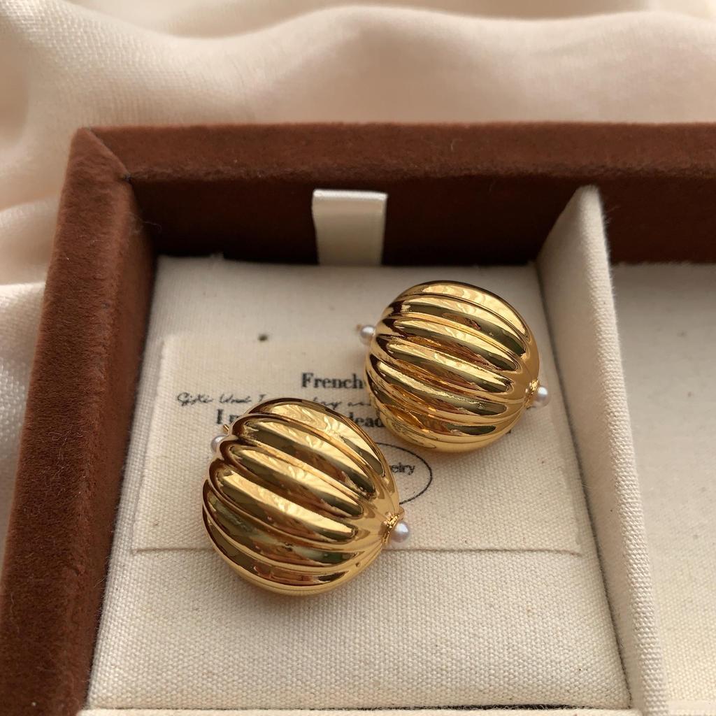 Gold Ribbed Texture Ear Buckle Earrings Women'S Three-Dimensional Texture Light Luxury Retro High-End Sense Round Personalized Earrings