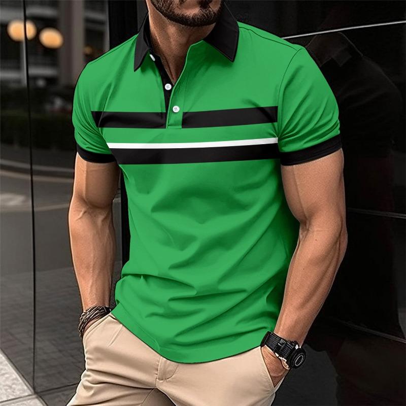 Men's Striped Color Block Short Sleeve Polo Shirt Casual Golf Top