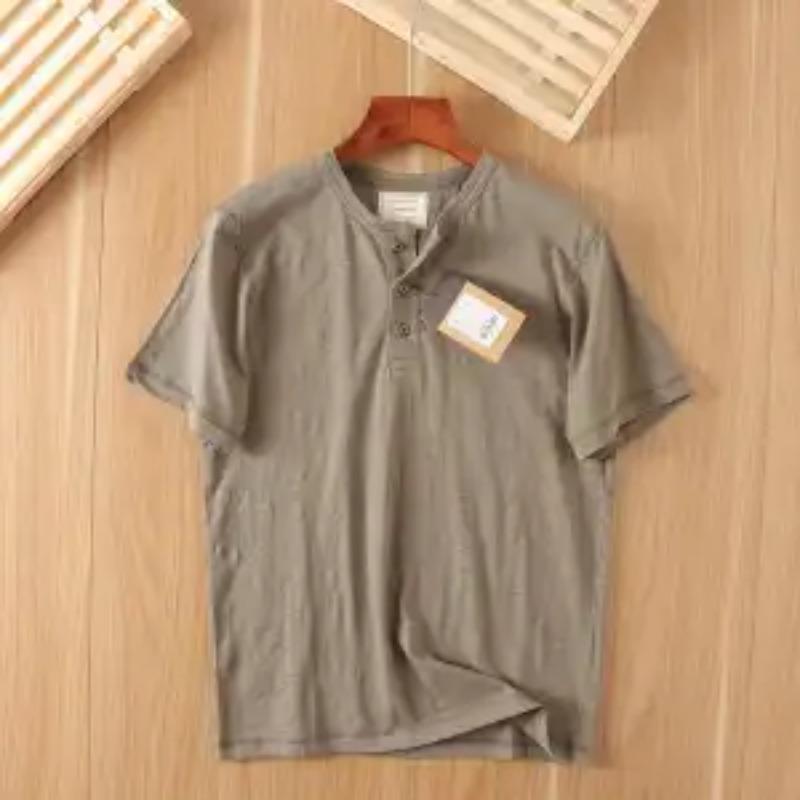 Herren Khaki Henley-Kragen Leinen Baumwolle Kurzarm T-Shirt