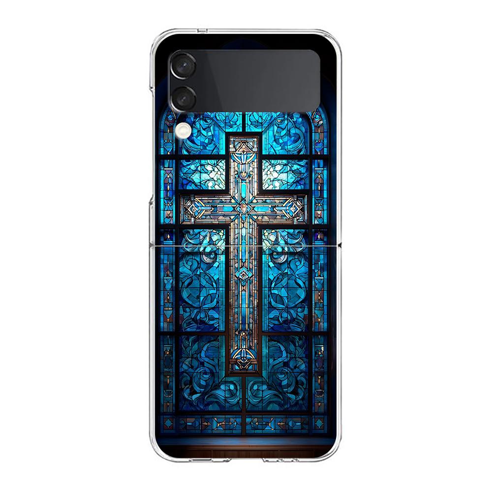 Transparent Phone Case For Samsung Galaxy Z Flip 3 4 5 6 7 Hard Folding PC Z Flip3 Flip4 Cover Cute Blue Pattern