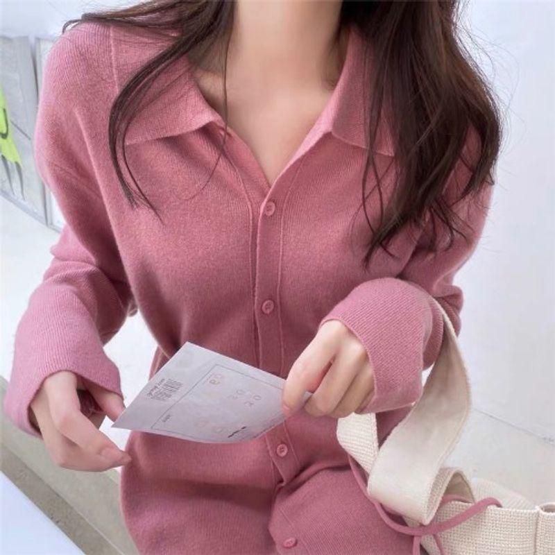 

Korean Style Spring and Autumn Elegant Lapel Single Breasted Solid Color Gentle Inner Wear Overknee Mid-Length Knitted Long Sleeve Sweater Dress Pink One size