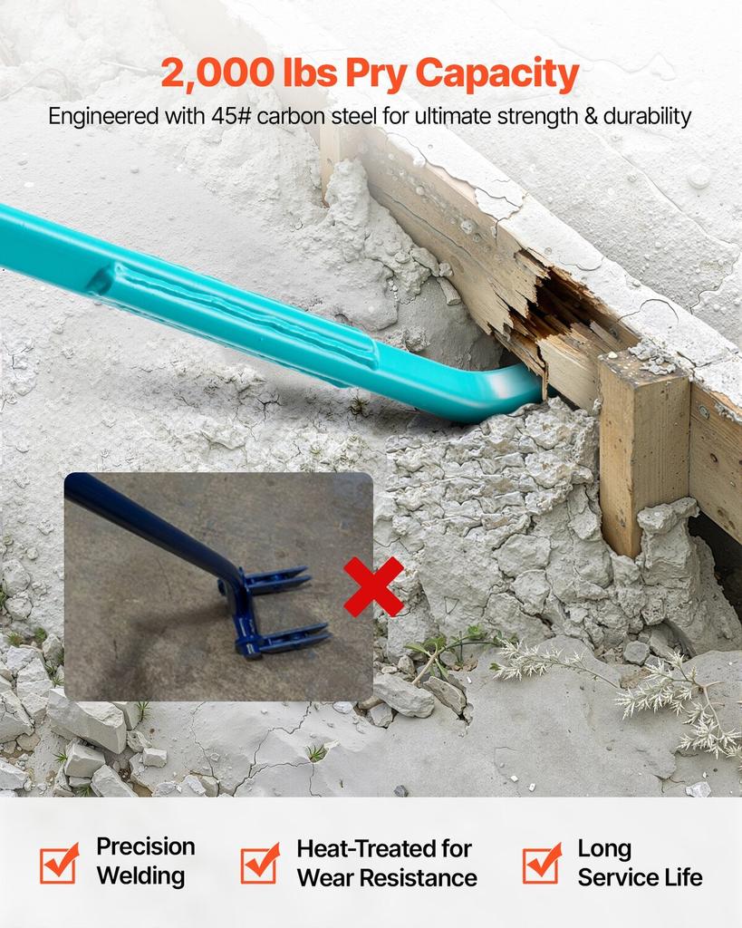 Prylever Bar, 907 Kg Weight Capacity, 1.3 M Heavy Duty Carbon Steel Handle Pry Lever Bar, 1.4 M Long Crowbar for Concrete, Demolition, Crowbaring,