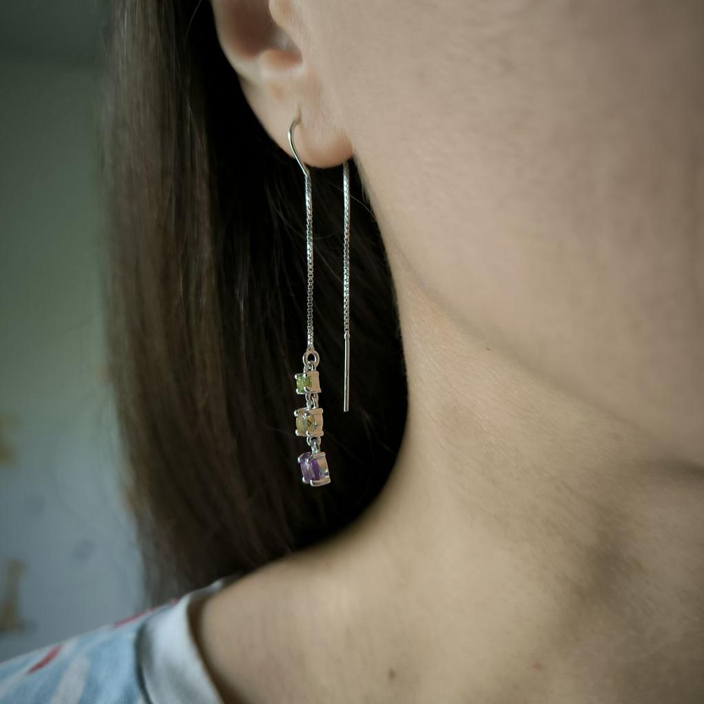 Серебряные серьги с натуральным аметистом 1.783ct, цитрином, хризолітом (2192282)