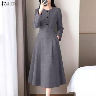 Women Casual Round Neck Long Sleeve A-Line Dress