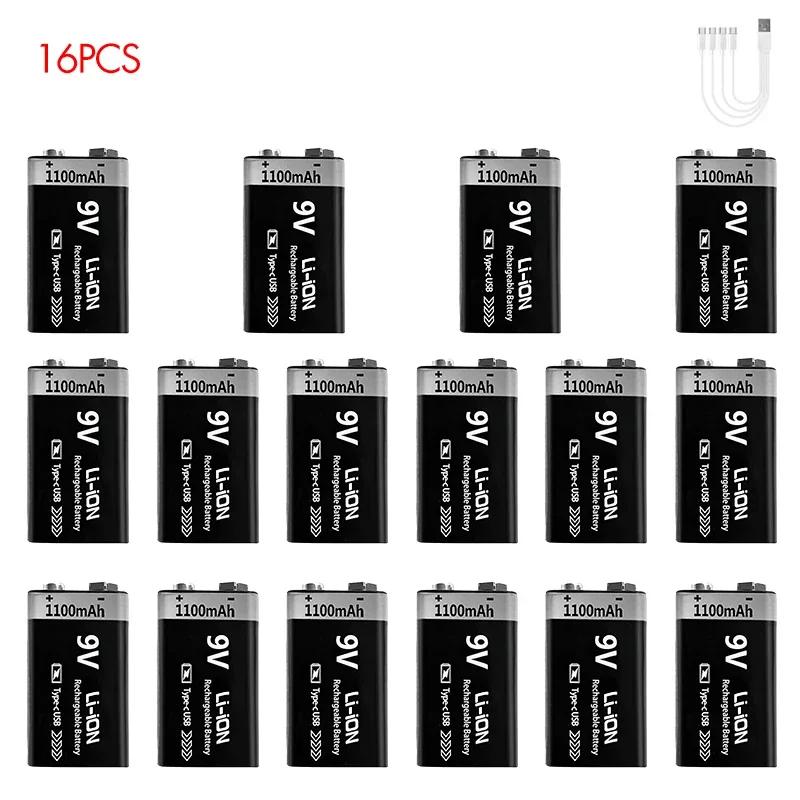 9V Battery Rechargeable 1100mAh USB Type-C 6F22 9V Li-ion Battery for Multimeter, RC Toys, Guitar Pedal, Microphone
