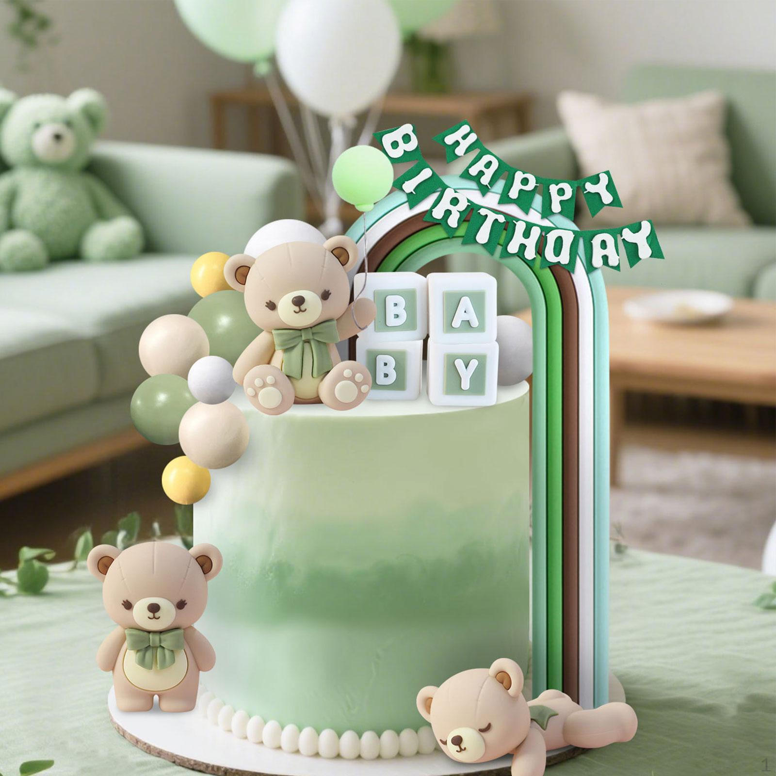 

23Pcs Bear Cake Toppers Figurines, Cute Cartoon Decor with Balls Pastel Rainbow for Boys зелёный