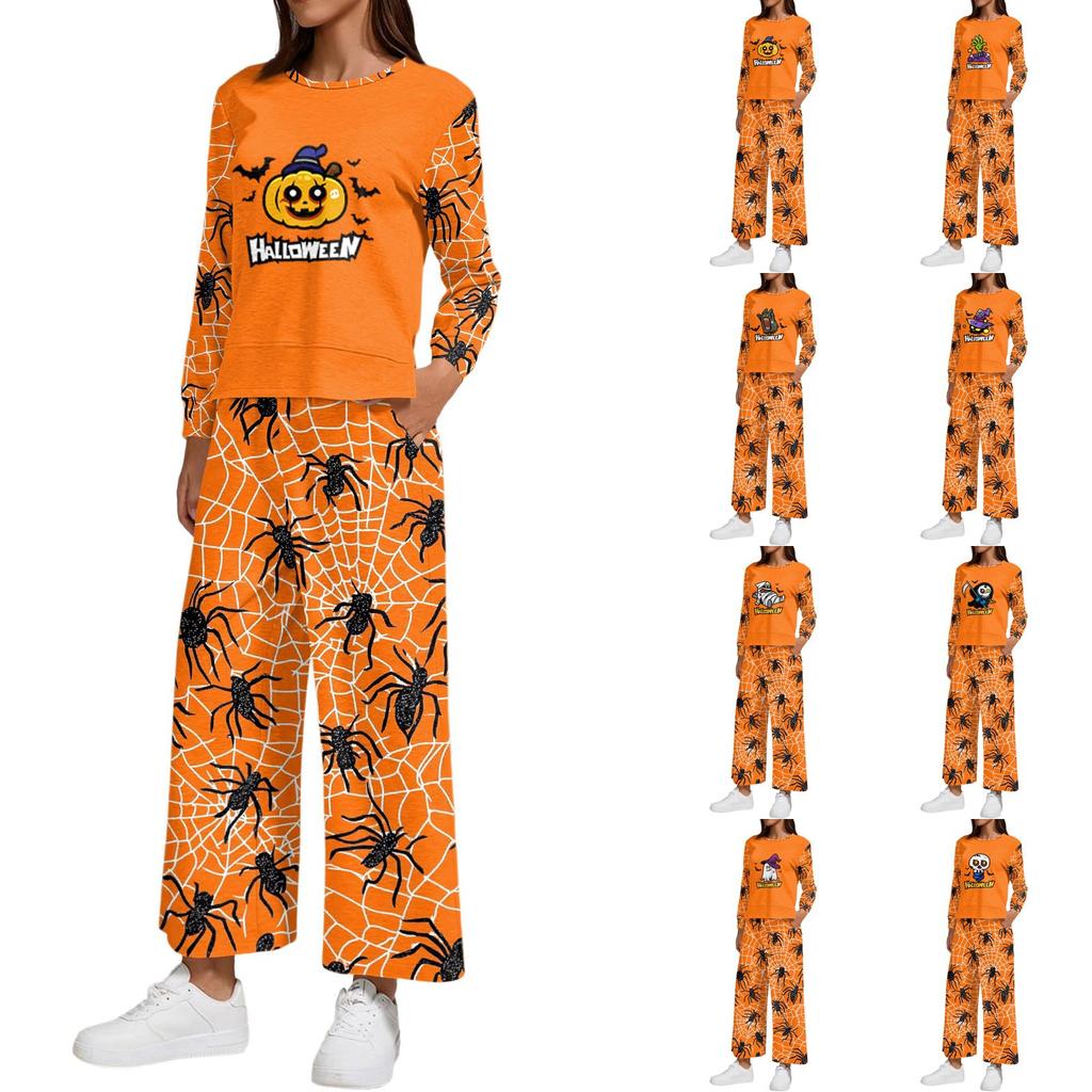 Women's Halloween Print Sweatshirt and Jogger Set, Crewneck Loose Fit with Side Slit Hem
