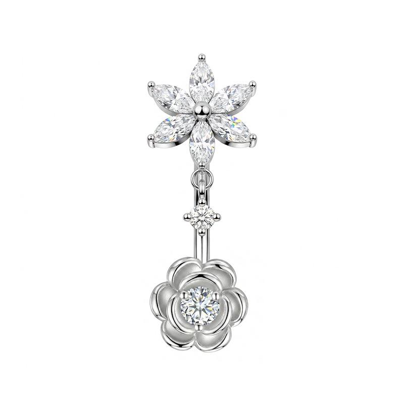 Hypoallergenic Stainless Steel Belly Button Ring Shiny Flower Heart Dangle Fadeless Navel Jewelry for Summer Daily Outfit Matching