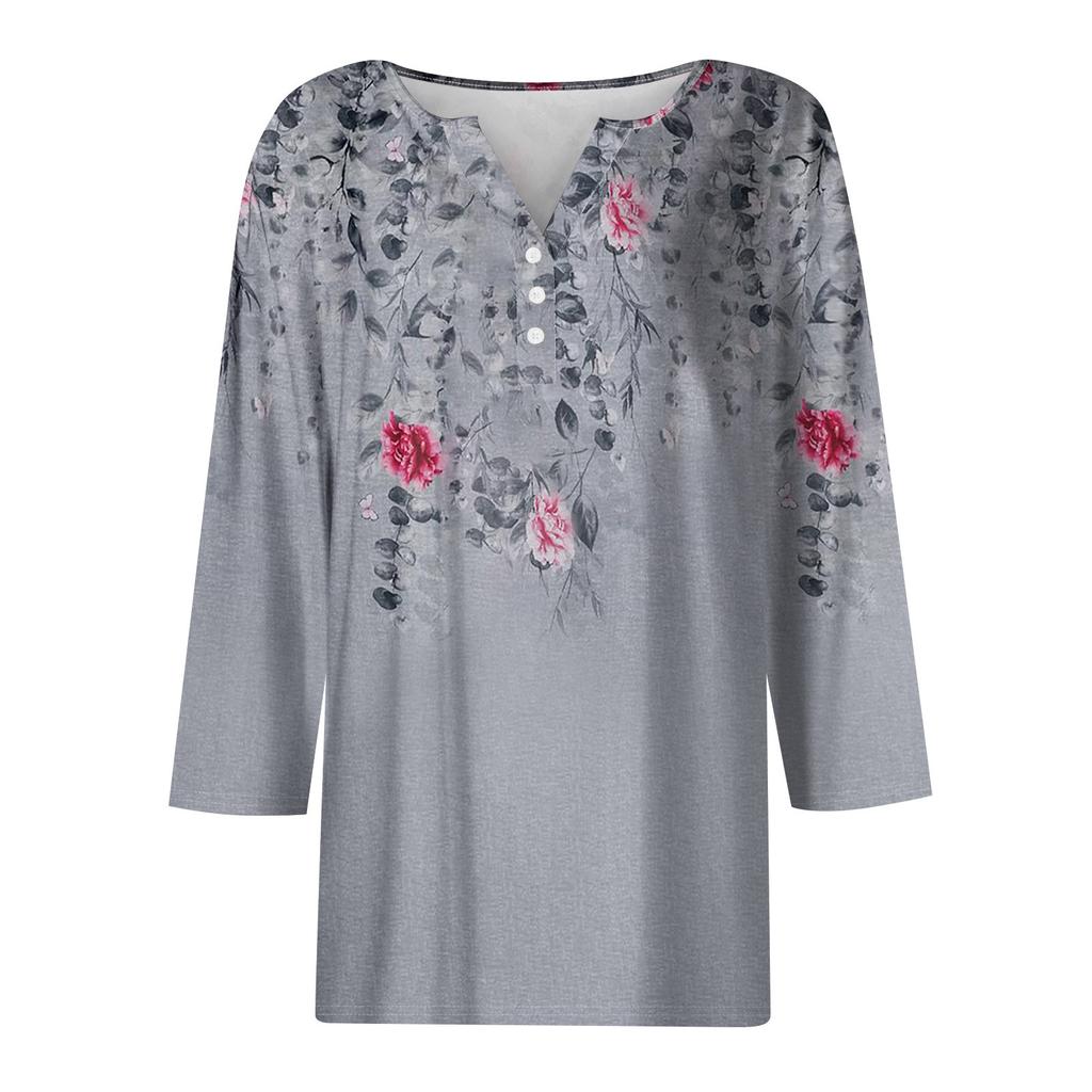 Women's Fashion Casual Seven Split Sleeve Burst Vintage Floral Print Pullover Top