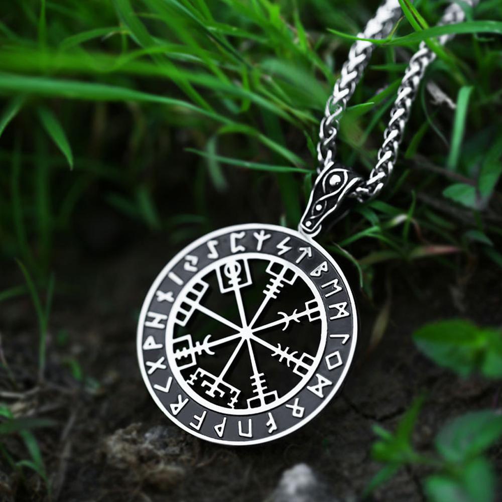 Vintage Viking Stainless Steel Viking Compass Necklace Pendant Men Chains Biker Nordic Odin Rune Pendant Amulet Jewelry Gift
