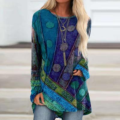Plus Size Women's Autumn Blue Dot Print Comfortable Long Sleeve Round Neck T-shirt Casual Baggy Mid Length T-shirt Top
