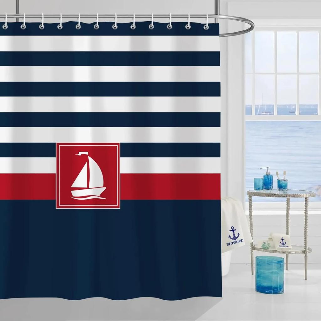 Nautical Shower Curtain Sailing Lighthouse Compasses Shower Curtain Bathroom Waterproof Polyester Fabric Decoration