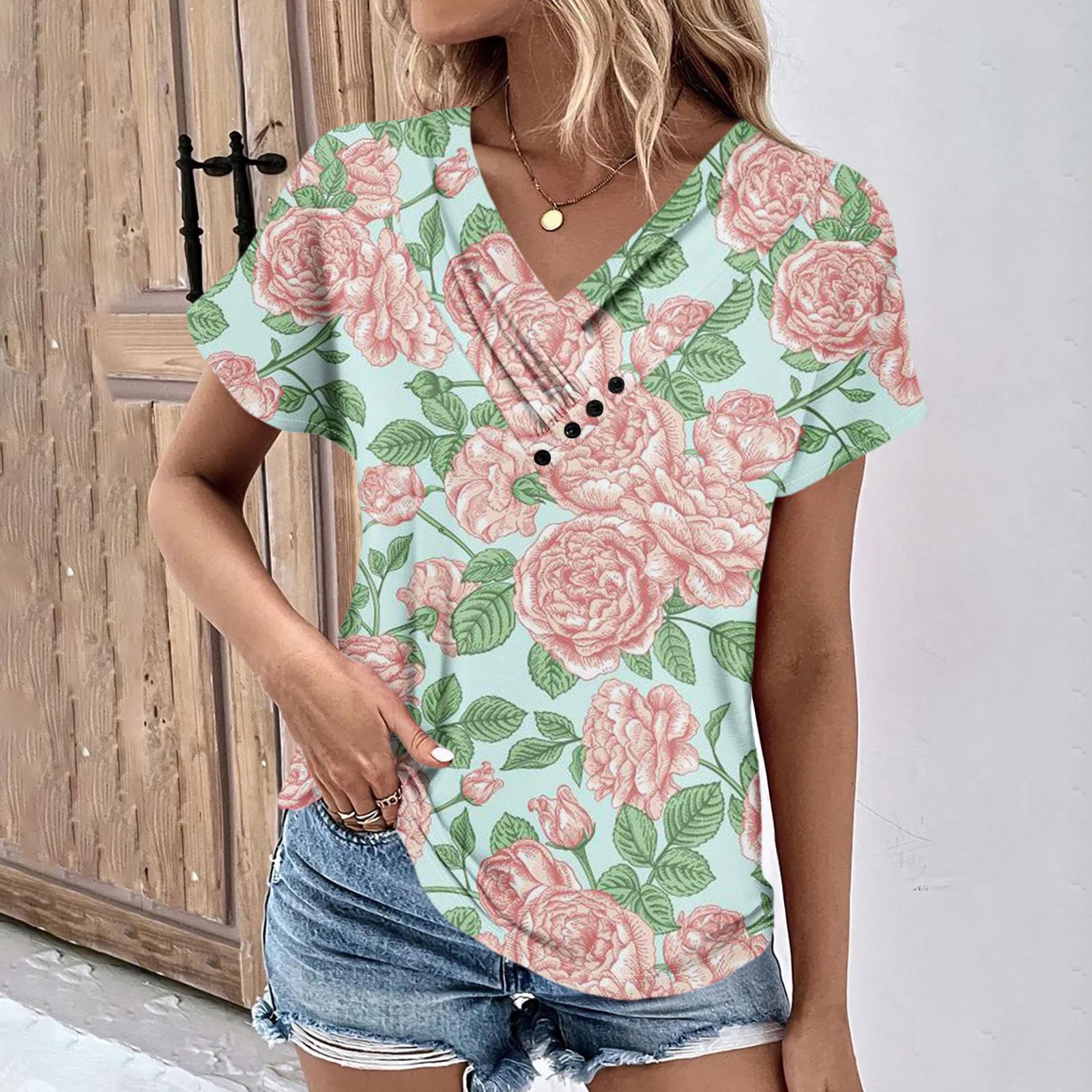 

Літні жіночі топи Квітковий візерунок для жінок Зручні жіночі футболки з V-подібним вирізом і короткими рукавами XL рожевий