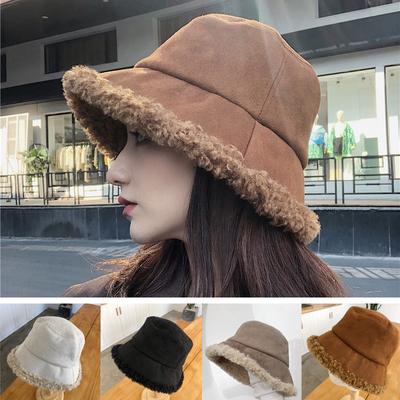Women Hat Winter Artificial Fur Warm Plush Female Cap Faux Fur Bucket Hat Wool Fisherman Caps Sunscreen Panama Lady Cap