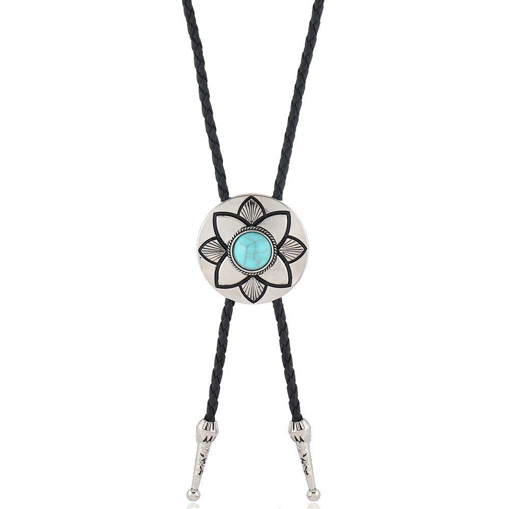 Adjustable Western Cowboy Bolo Tie with Alloy Pendant and Leather Necklace