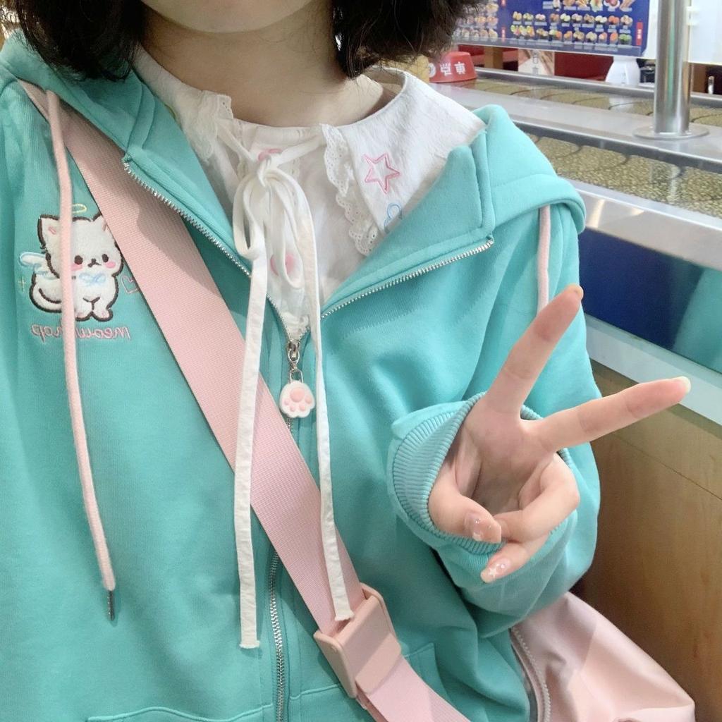 Harajuku Kawaii Y2k Style Mikiny Dámské Japonský styl Sweet Cat Ear Zip Up Oversized Mikiny Bunda s kapucí