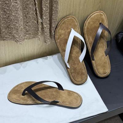 Cowhide Version~ Retro Niche Toe Flip-flops Cool Slippers for Women To Wear Summer Casual Flat-bottomed Beach Slippers