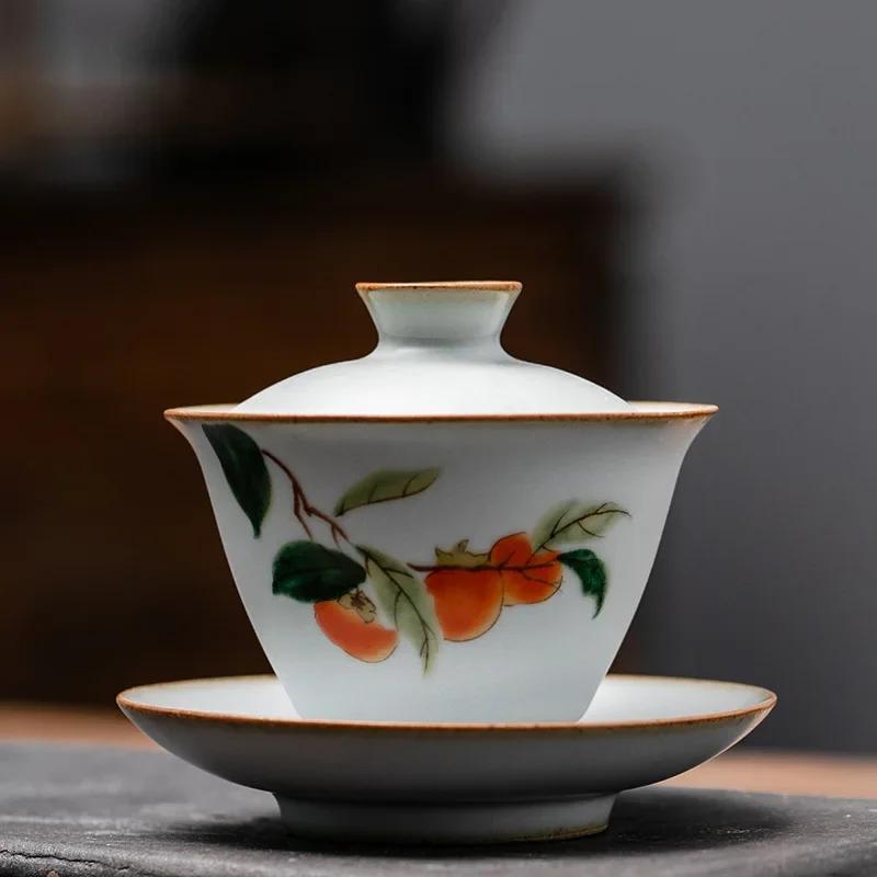 150ml Retro Ru Kiln Ceramic Tea Tureen Handmade Flower Pattern Gaiwan Household Teacup Travel Portable Tea Bowl Chinese Teaware