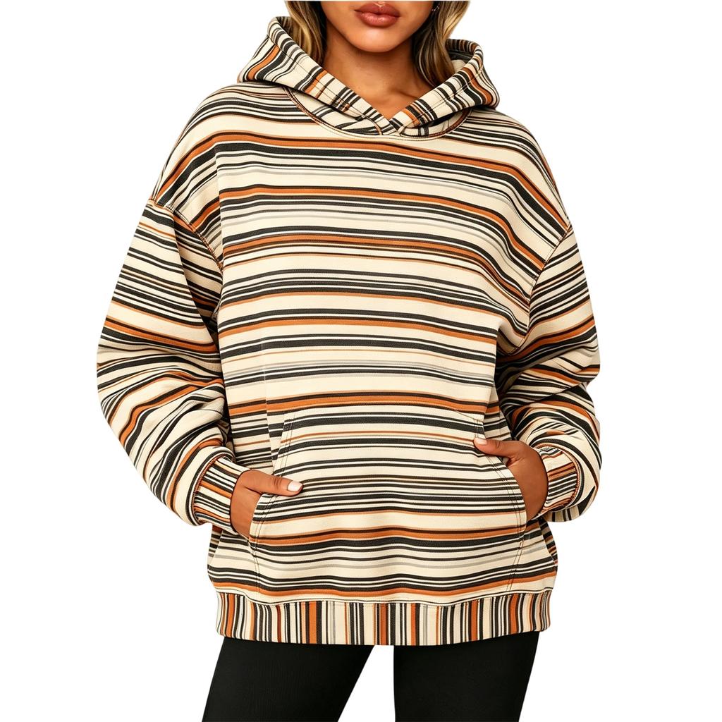 Women's Long Sleeve Striped Hoodie with Pocket - Casual Pullover Sweatshirt