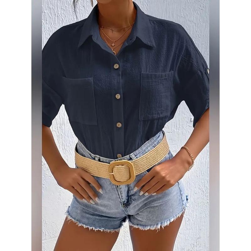 Women's Summer Cotton and Linen Shirt, Lapel Pockets, Loose Short-sleeved Solid Color Shirt Top