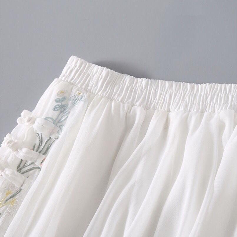 2024 Summer Women's Fairy Hanfu Dress with Embroidery and Frog Buttons - Retro Chiffon Midi Skirt.