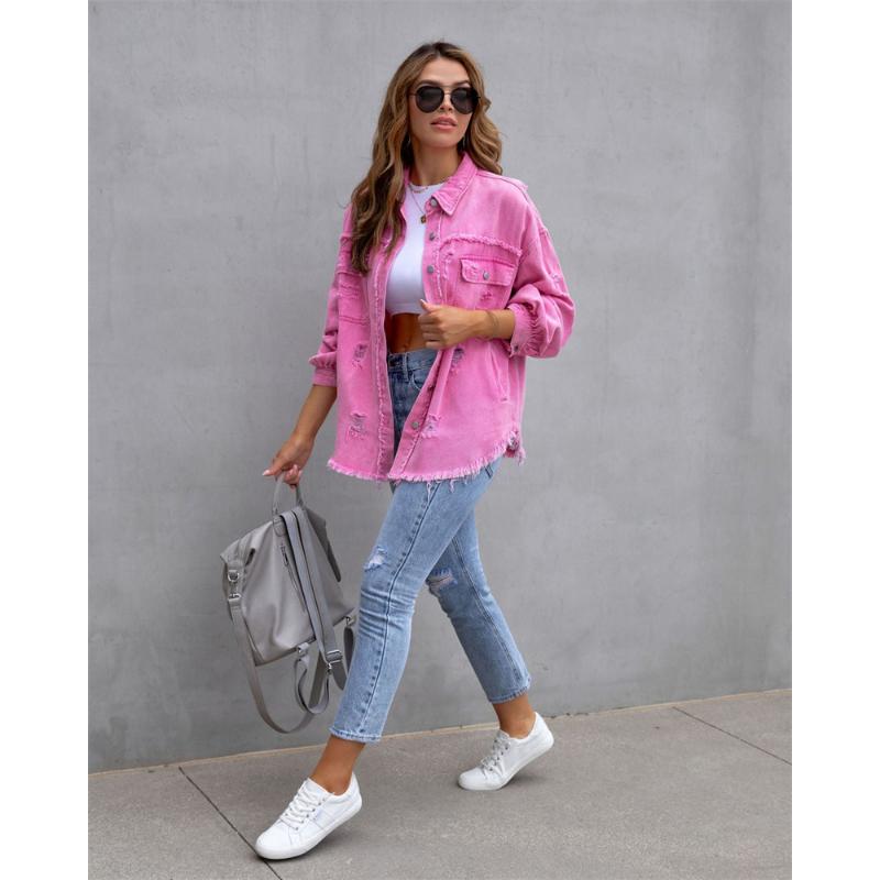 Holes Raw-edges Denim Jacket Women Spring Autumn Shirt Style Jeancoat Casual Top Rose-Red Orange Purple Outerwear Lady Coat