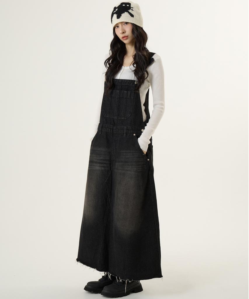 Unknown Planet Overalls Denim Long Skirt Sand Black