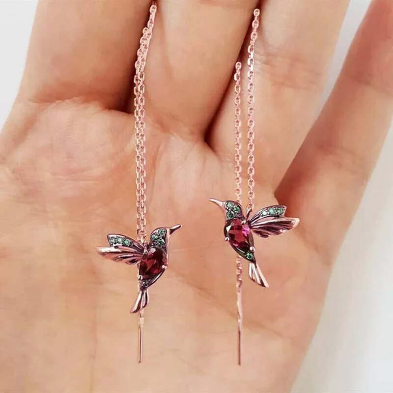 Hummingbird Long Drop Earrings Bird Pendant Tassel Crystal Pendant Earrings
