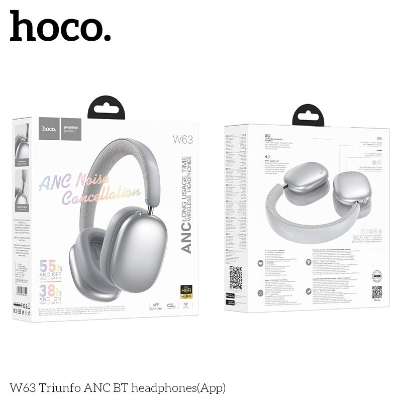 Hoco W63 Triunfo Kablosuz Kulaklık, Bluetooth 5.4, ANC'li, Uygulama Kontrollü, 55 Saat Çalma Süresi, Rahat Kulak Üstü Tasarım