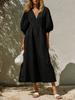 New European and American style cotton and linen dress women's V-neck bubble sleeves waist and thin holiday style medium and long A-shaped skirt