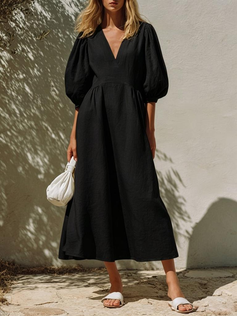 New European and American style cotton and linen dress women's V-neck bubble sleeves waist and thin holiday style medium and long A-shaped skirt
