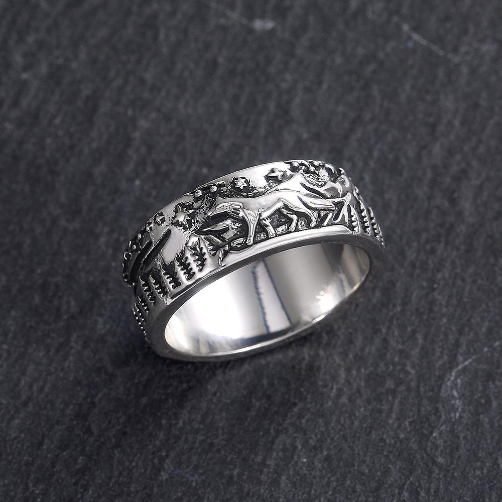 Wolf Man and Lady under the Stars Couple Ring, Vintage Totem Ring