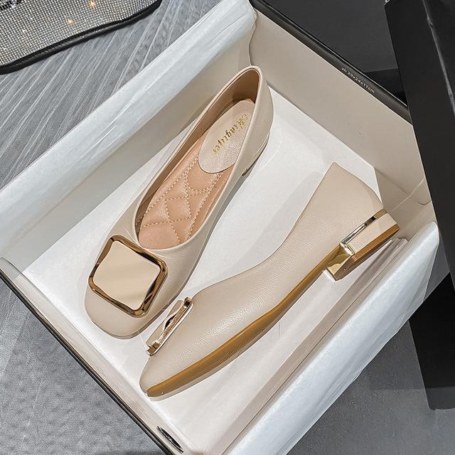 Dámské boty na nízkém podpatku, čtvercová špička, velká přezka, ploché boty, kancelářské dámské nazouvací kožené mokasíny, jarní boty, lodičky