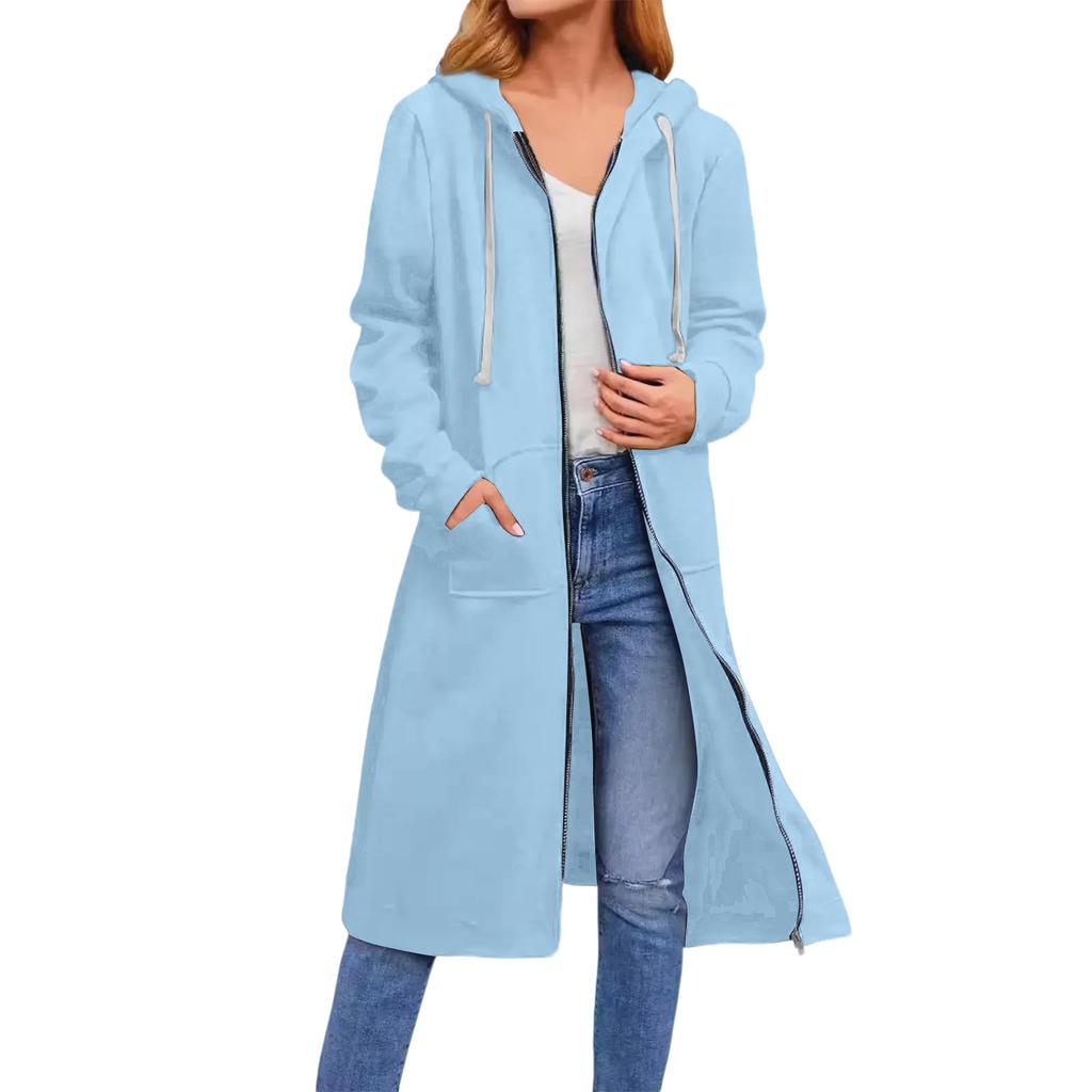 Women's Solid Color Fashionable Loose Zipper Long Cardigan Hooded Sweatshirt Jacket