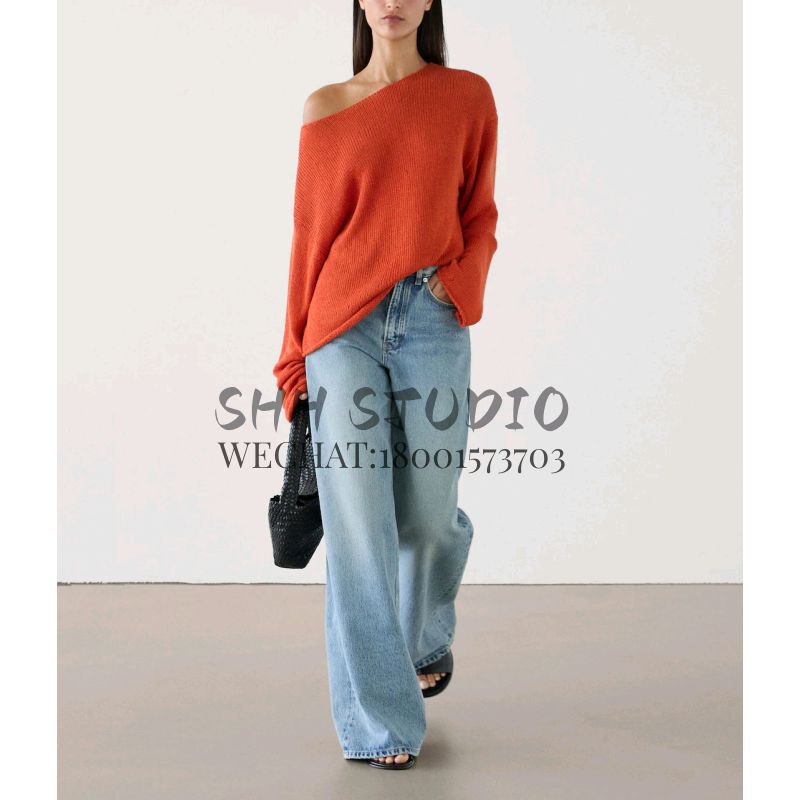 MD Spring Red New Style Sweaters Women's Clothing Loose and Idle Lightweight Boat Neck Long Sleeves T-shirt Knitwear 5695615