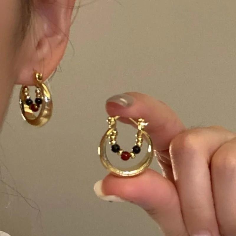 Hollow Colorful Beaded Hoop Earrings for Women Exquisite Retro Brushed Texture Dangle Earrings Elegant Versatile Jewelry Gift