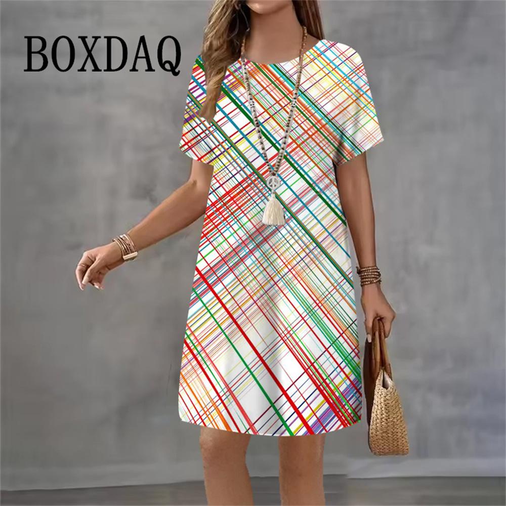 Tie Dye Geometric Gradient Dresses For Women New Summer Fashion 3D Print Short Sleeve Loose Dress