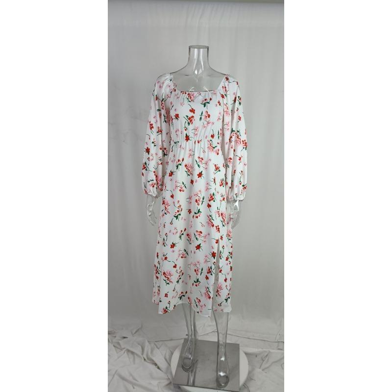 Printed Square Neck A-line Dress Women's Temperament Sexy Backless Slit Tied Dress Spring 2025