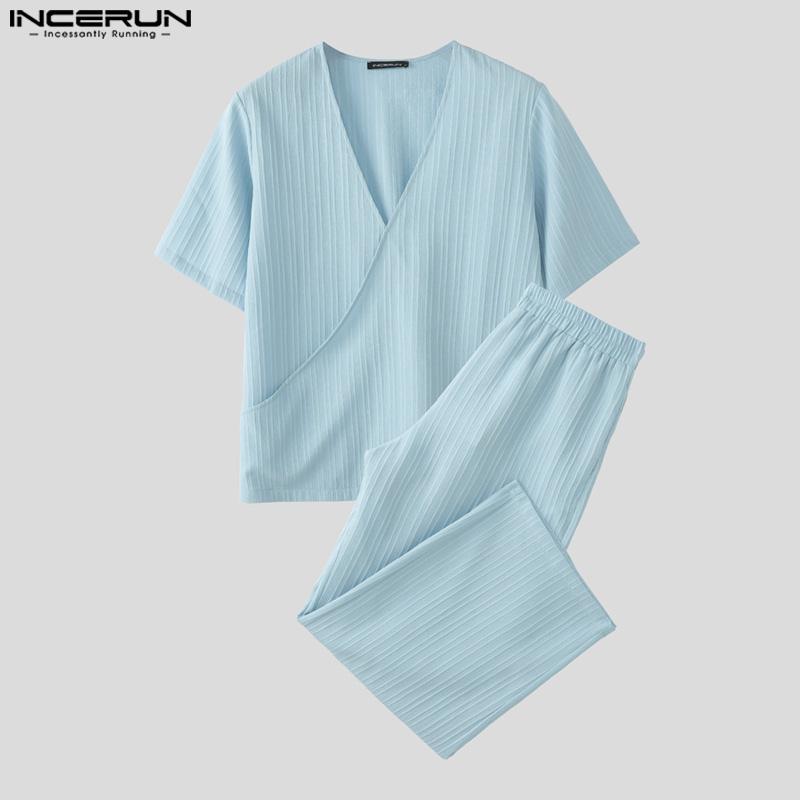 INCERUN Conjuntos de dos piezas para hombre con camisa de manga corta con textura y cuello en V y pantalones largos rectos