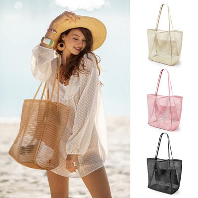 Women Beach Shoulder Bag Hollow Out See-through Mesh Large with Inner Pocket Shopping Capacity Foldable Commute School
