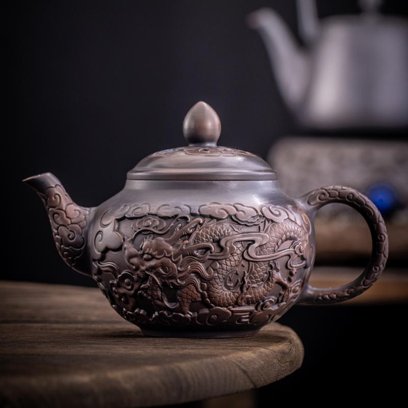 Retro Carving Purple Pottery Teapot Ceramic Household Kettle Pot Kung Fu Tea Set  Pure Handmade Teapot Teapot for Tea Puer Tea