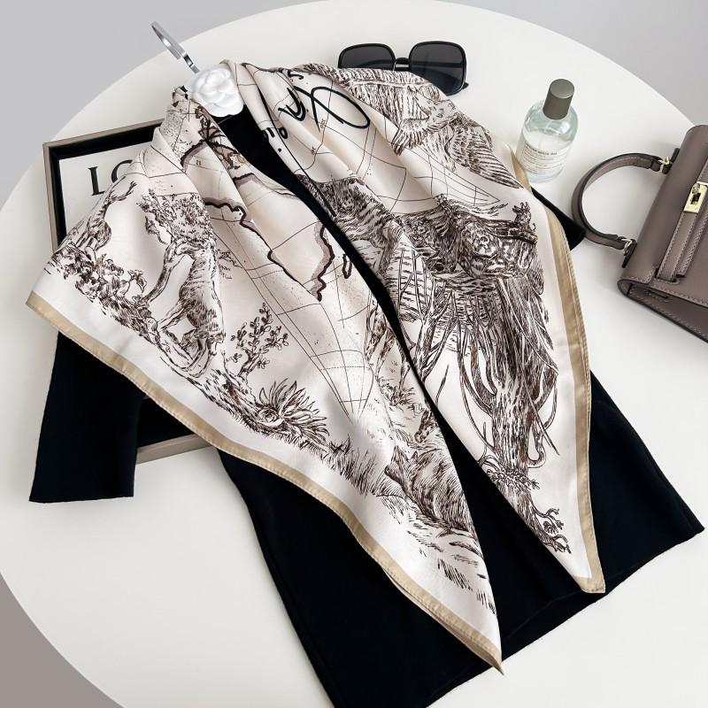 Čiernobiela hodvábna twill šatka so zvieracím vzorom - 90x90CM Jesenný/Zimný šál pre ženy
