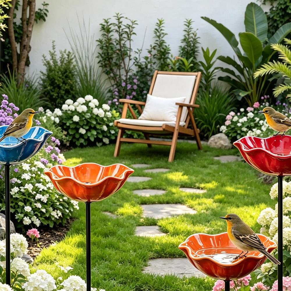 3pcs Handcrafted Metal Flower Garden Stake Ground Insert Iron Floral Sculpture Bird Bath Stake UV Resistant Rust-resistant